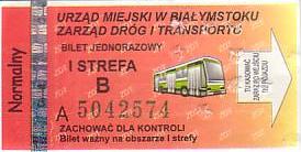 Communication of the city: Białystok (Polska) - ticket abverse. <IMG SRC=img_upload/_0blad.png alt="błąd"> tym razem autobus jest zielony...