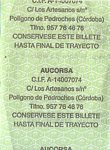 Communication of the city: Córdoba (Hiszpania) - ticket reverse