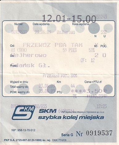 Communication of the city: Gdańsk (Polska) - ticket abverse. bilet na przewóz psa