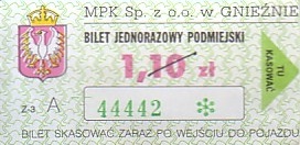 Communication of the city: Gniezno (Polska) - ticket abverse. <IMG SRC=img_upload/_przebitka.png alt="przebitka">