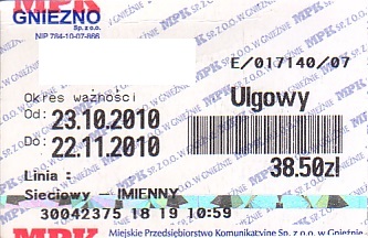 Communication of the city: Gniezno (Polska) - ticket abverse. <IMG SRC=img_upload/_0blad.png alt="błąd"> krzywo wycięty bilet