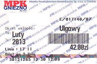 Communication of the city: Gniezno (Polska) - ticket abverse. 