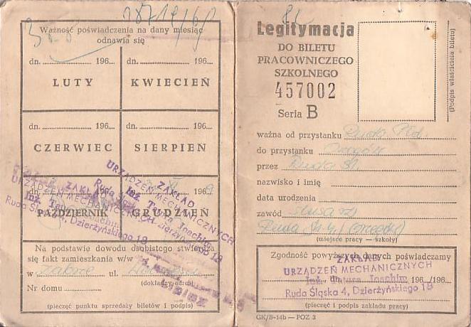 Communication of the city: Katowice (Polska) - ticket abverse.  	 legitymacja do biletu pracowniczego z 1969 roku, wydana przez Wojwódzkie Przedsiębiorstwo Komunikacyjne Katowice