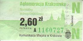Communication of the city: Kraków (Polska) - ticket abverse. jasnozielony napis "Aglomeracja Krakowska"