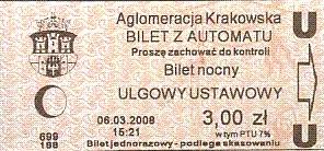 Communication of the city: Kraków (Polska) - ticket abverse. Ówczesny bilet aglomeracyjny ulgowy ustawowy nocny miał obowiązywać na linii 902 kursującej z Krakowa na lotnisko w Balicach. A uściślając, obowiązywał na dwa najbardziej odległe przystanki tej linii. Niedorzeczne bilety pojawiły się na już nawet w automatach i w katalogu na stronie internetowej MPK. Nim jednak wydrukowano tradycyjne bilety, wycofano się z tego pomysłu. Obok więc bilet ciekawy i niezmiernie rzadki, gdyż prawdopodobnie na palcach jednej ręki można policzyć tych, którzy zdążyli zakupić takie cudo.