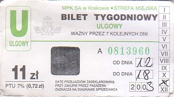 Communication of the city: Kraków (Polska) - ticket abverse. inny hologram
