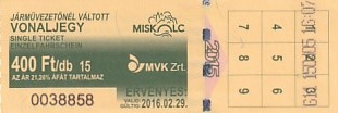 Communication of the city: Miskolc (Węgry) - ticket abverse