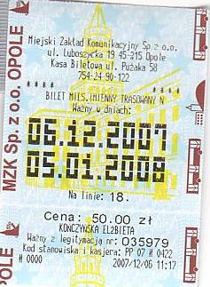 Communication of the city: Opole (Polska) - ticket abverse. 