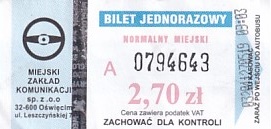 Communication of the city: Oświęcim (Polska) - ticket abverse. bilet normalny miejski
<IMG SRC=img_upload/_0blad.png alt="błąd"> przesunięty hologram, 
brak marginesu pomiędzy
niebieskim paskiem a hologramem
<IMG SRC=img_upload/_0wymiana2.png>