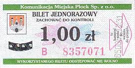 Communication of the city: Płock (Polska) - ticket abverse. niebieski napis na rewersie