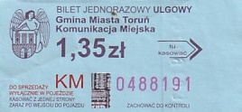 Communication of the city: Toruń (Polska) - ticket abverse. napisy w lewym dolnym rogu nie są rozsunięte
