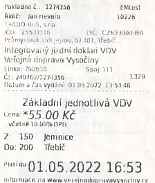 Communication of the city: Třebíč (Czechy) - ticket abverse