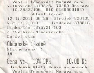 Communication of the city: Třinec (Czechy) - ticket abverse