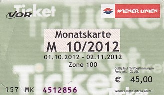 Communication of the city: Wien (Austria) - ticket abverse. miesięczny