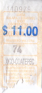 Communication of the city: Xalapa-Enríquez (Meksyk) - ticket abverse. <IMG SRC=img_upload/_przebitka.png alt="przebitka"> niebieska pieczątka