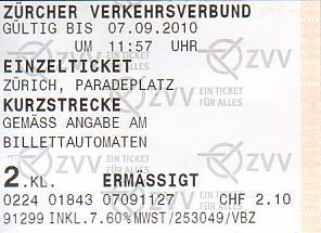 Communication of the city: Zürich (Szwajcaria) - ticket abverse